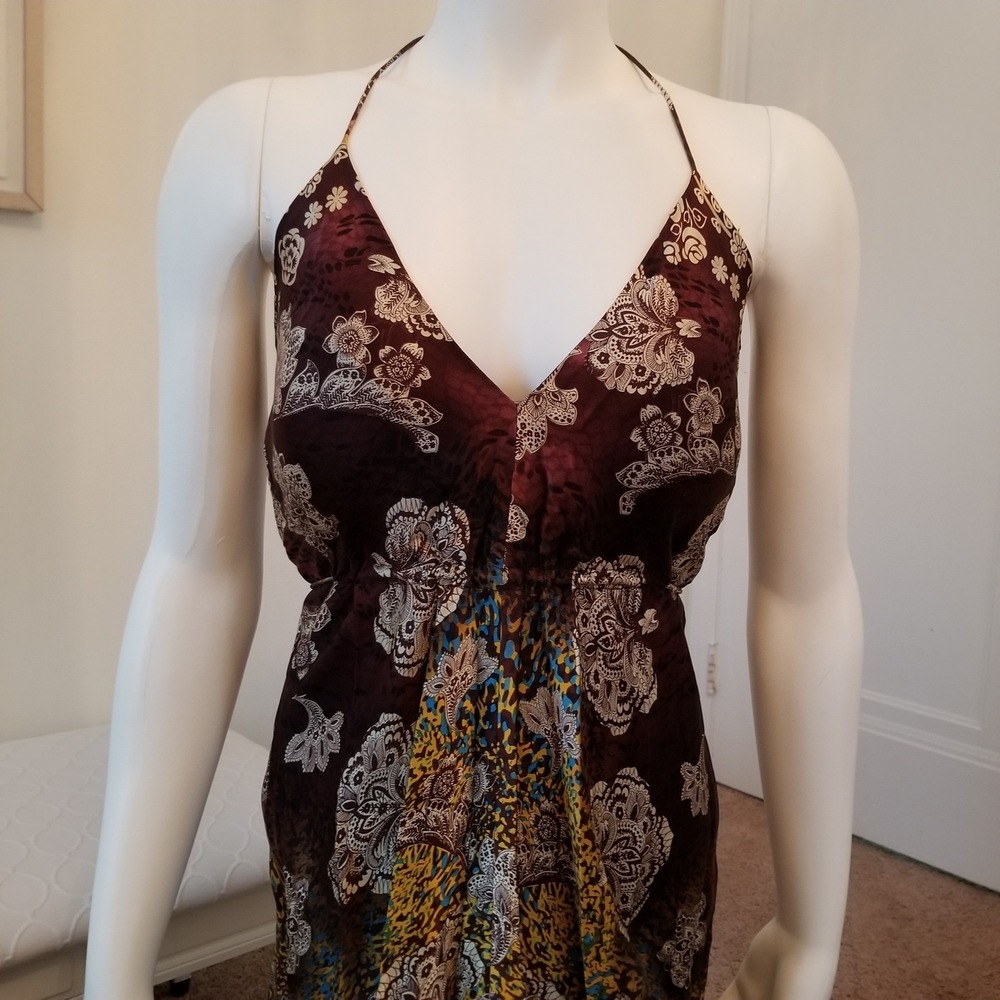 Vintage Y2K Maxi Dress 8 100% Silk Floral High Low Halter Brown Multi Boho Fairy - Picture 3 of 13